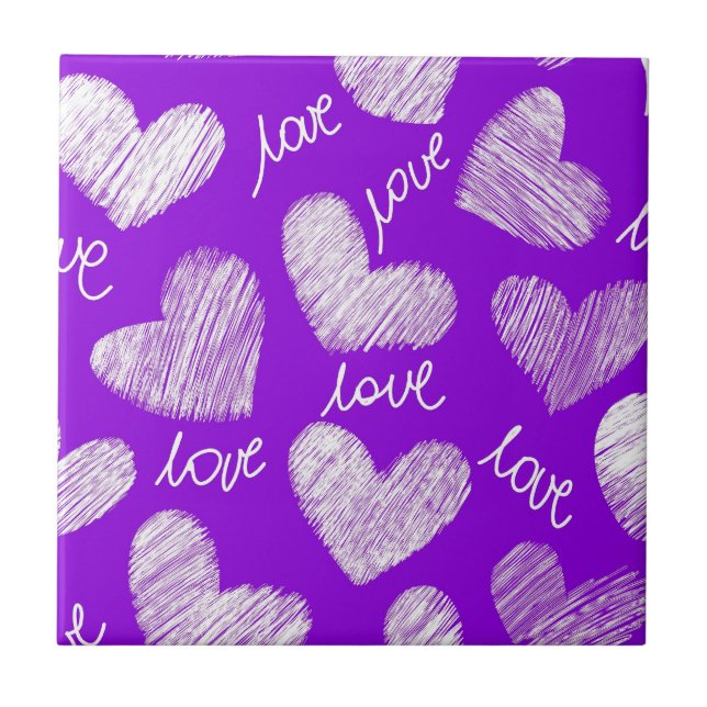 Carreau Cute violet blanc Scribblé Coeur avec script d'amo (Devant)
