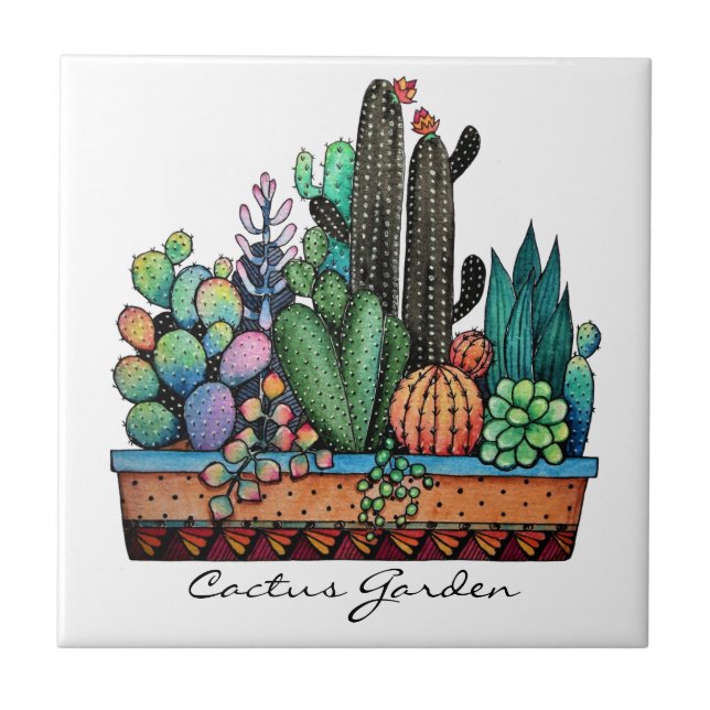 Carreau Cute Watercolor Cactus Garden (Devant)