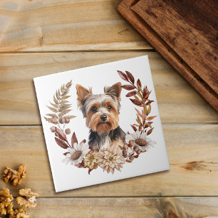 Carreau Cute Yorkshire Terrier Dog Automne Wreath