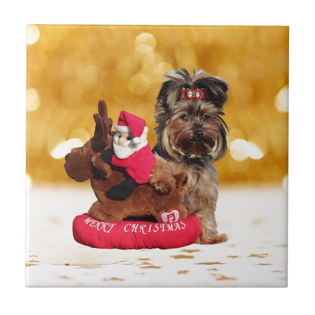 Carreau Cute Yorkshire Terrier Joyeux Noël (Devant)