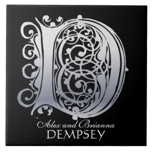 Carreau D Monogramme "Dentelle d'argent sur noir" avec Nom