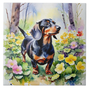 Carreau Dachshund Cute Saucage Chien Printemps Fleurs Prim