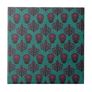 CARREAU DAMASK SKULL CHAUD ROSE SUR TURQUOISE