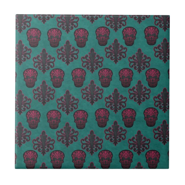 CARREAU DAMASK SKULL CHAUD ROSE SUR TURQUOISE (Devant)