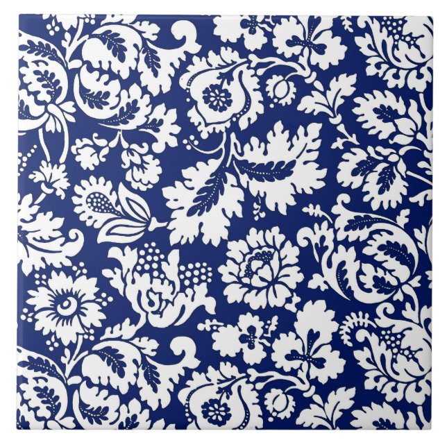 Carreau Damassé de William Morris, bleu de cobalt et blanc (Devant)