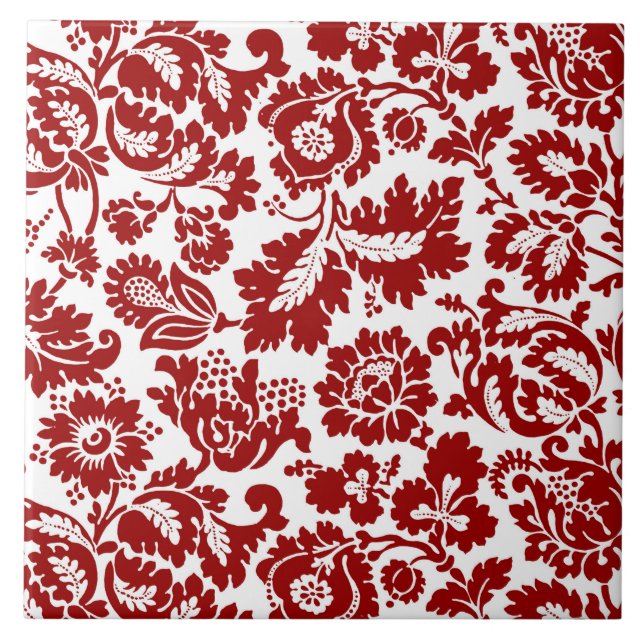 Carreau Damassé florale de William Morris, rouge-foncé et (Devant)