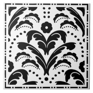 Carreau Damassé florale noire et blanche élégante d'art
