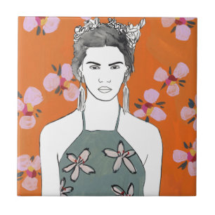 Carreau Dame aux fleurs roses - Orange