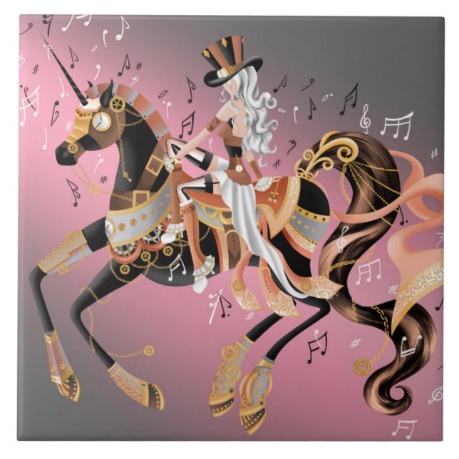 Carreau Dame Steampunk et Cheval Mécanique (Devant)