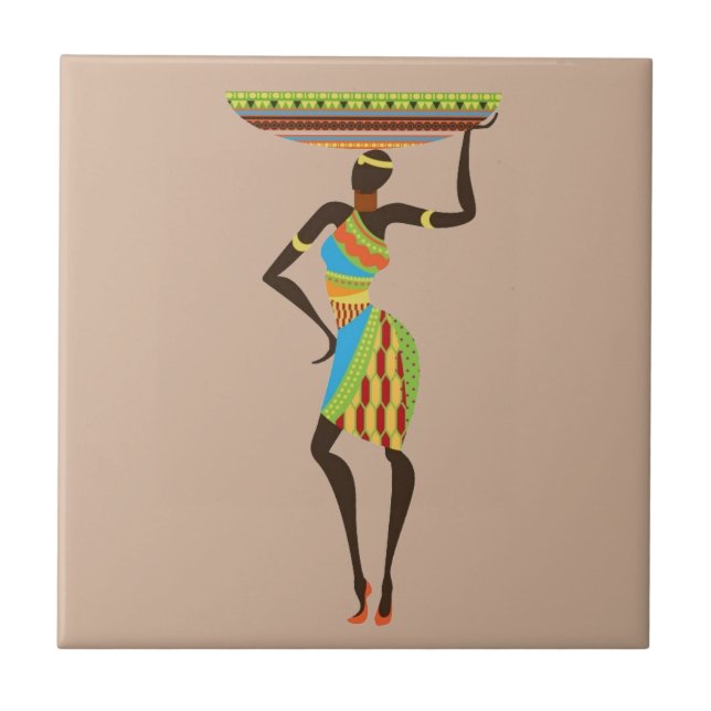Carreau Dame tribale africaine avec l'art tribal corbeille (Devant)