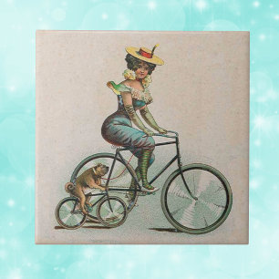 Carreau Dame victorienne vintage à bicyclette avec son chi