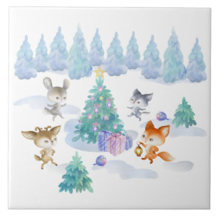 Carreau Danse Animaux de forêt Noël Aquarelle