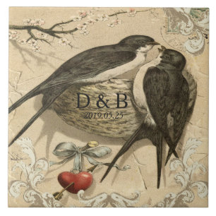 Carreau Date de mariage française de décor de nid vintage