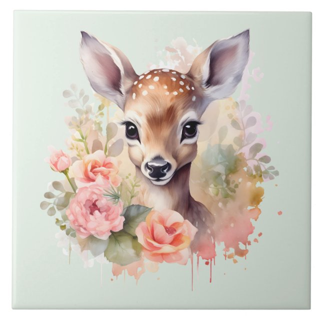 Carreau De Beaux Cerfs Entourés De Roses (Devant)
