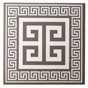 Carreau de céramique à motif clé grec blanc et mar