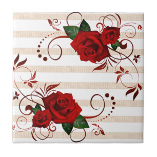 Carreau de céramique à rayure beige Fleur rouge ro