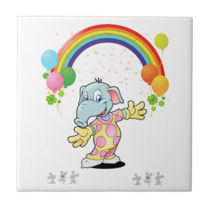 Carreau de céramique bleu éléphant souris heureux