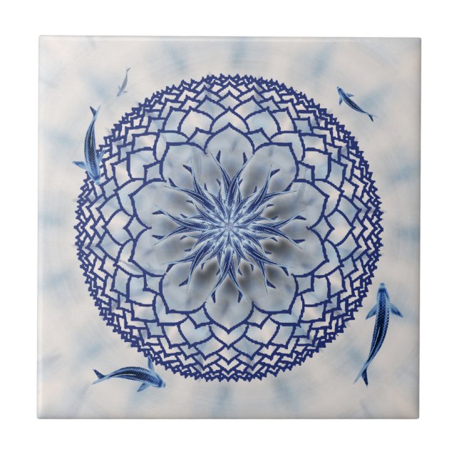 Carreau de céramique de mandala bleu de Koi Lotus (Devant)