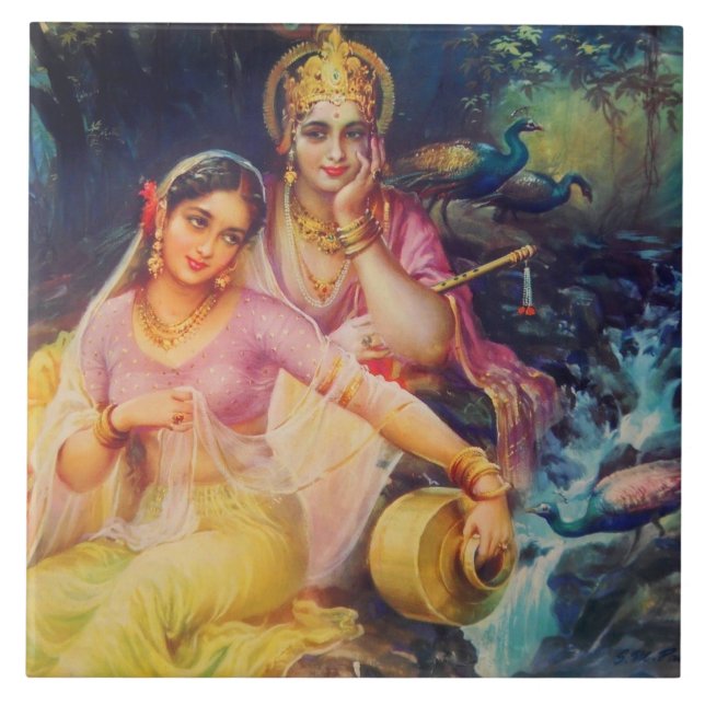 Carreau de céramique de Radha et de Krishna (Devant)