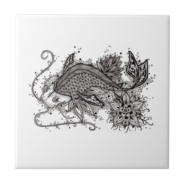 Carreau de céramique de tatouage de Lineart Koi (Devant)