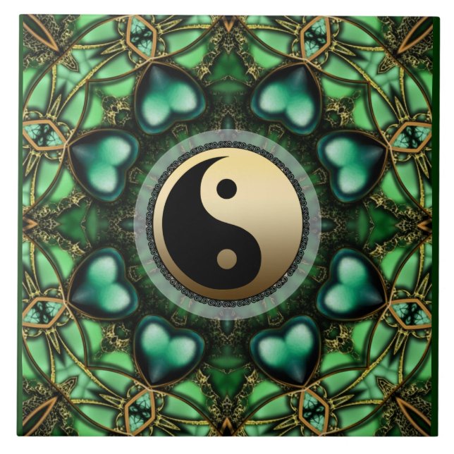 Carreau de céramique de Yin Yang d'or de coeurs de (Devant)