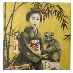Carreau de céramique japonais vintage de geisha et