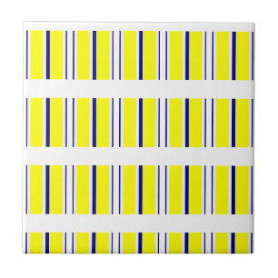 Carreau de céramique jaune et bleu à rayures blanc