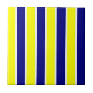 Carreau de céramique jaune et bleu à rayures blanc