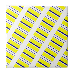 Carreau de céramique jaune et bleu à rayures blanc