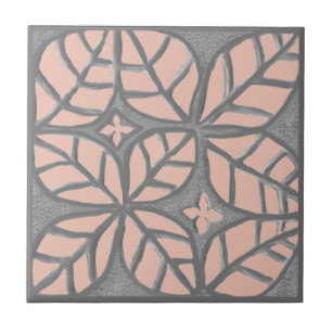 Carreau de céramique, motif feuille pêche et gris