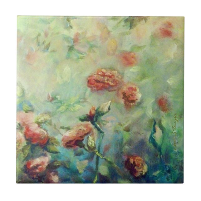 Carreau de céramique peint de roses (Devant)