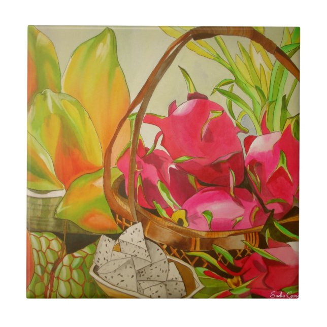 Carreau De fruit tropical d'aquarelle d'art toujours la (Devant)