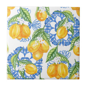 Carreau de majolique bleu et citrons à l'aquarelle