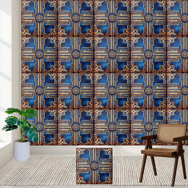 Carreau de Motif clé grec d'or (Golden Blue Greek Key Pattern Tile)