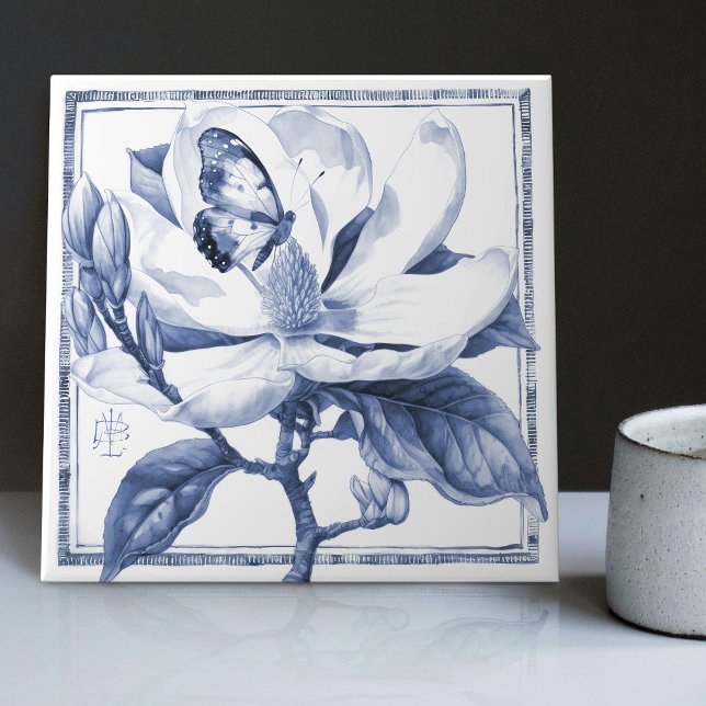 Carreau Décor bleu Magnolia Art Nouveau Aquarelle (Créateur téléchargé)