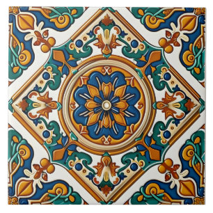 Carreau Décor bleu méditerranéen jaune