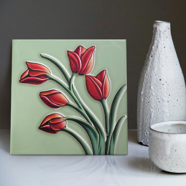 Carreau Décor de mur de tulipe rouge Art Nouveau Art Déco  (Créateur téléchargé)