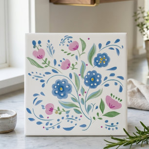 Carreau Décor floral folklorique bleu et rose
