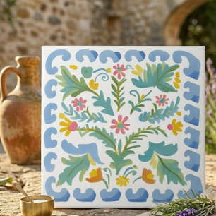 Carreau décoratif floral en art populaire bleu et 