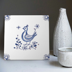 Carreau Delft Blue Dutch Style Fleurs d'oiseaux Indigo Cer