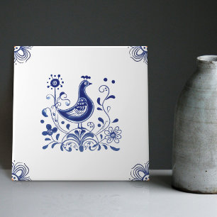 Carreau Delft Blue Dutch Style Fleurs d'oiseaux Indigo Cer