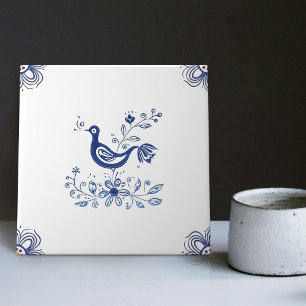 Carreau Delft Blue Dutch Style Fleurs d'oiseaux Indigo Cer