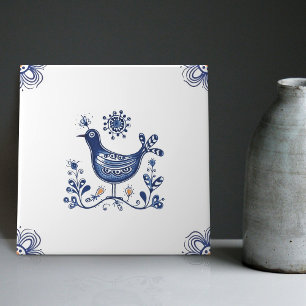 Carreau Delft Blue Dutch Style Fleurs d'oiseaux Indigo Cer