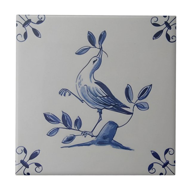 Carreau delft tuiles reproductions vert oiseau manger feui (Devant)