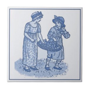 Carreau Delft vintage Bleu Art Nouveau Enfants avec Fruit