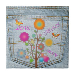 Carreau Denim Back Fleurs de poche Paix Amour Espoir Carre