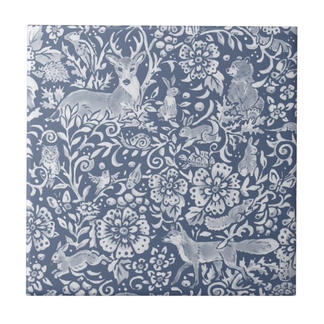 Carreau Denim Blue Woodland Forêt animale Deer Rabbit (Devant)