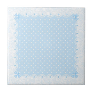Carreau Dentelle florale bleu Pastel & perles blanches
