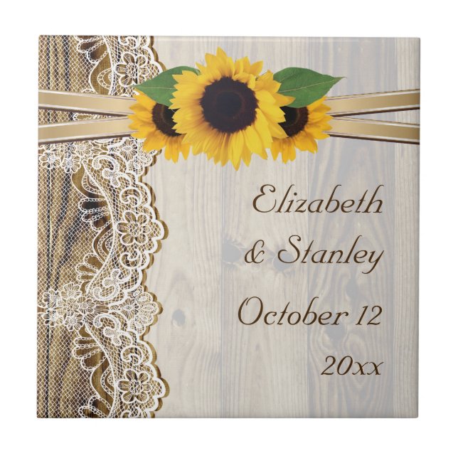 Carreau Dentelles et tournesols sur mariage de bois (Devant)