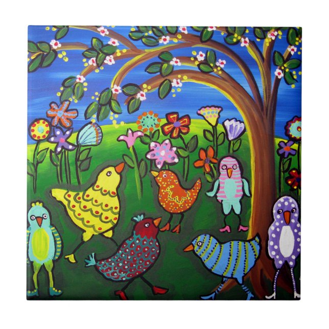 Carreau Des oiseaux colorés et amusants Tuile d'art popula (Devant)